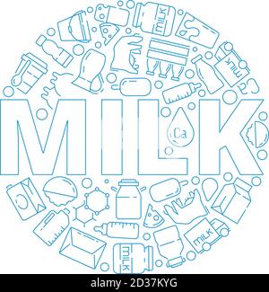 Milk icons. Circle shape with symbols of dairy farm food yogurt cheese eating milk food vector concept Stock Vector