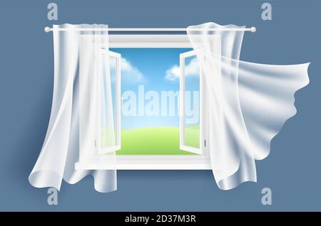 Open window with curtains. Sunny background with glass light window and flowing fluttering fabric curtain vector realistic Stock Vector