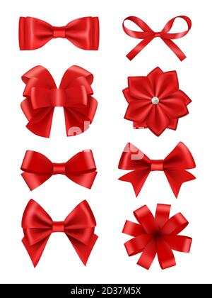 Bow realistic. Ribbons for decoration hair bow celebration party items vector collection Stock Vector