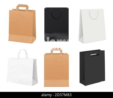 Paper bags empty. Identity packages from white and kraft paper shopping bags vector realistic template Stock Vector