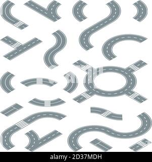 Isometric road. Street elements for city traffic map pedestrian crossing road markings junction circular motion vector Stock Vector