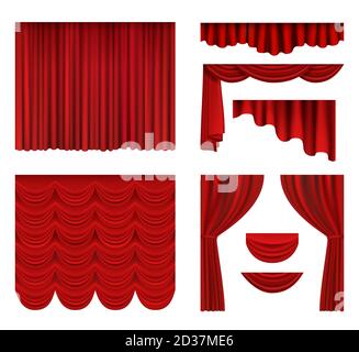 Red curtains. Theater fabric silk decoration for movie cinema or opera hall luxury curtains vector realistic Stock Vector