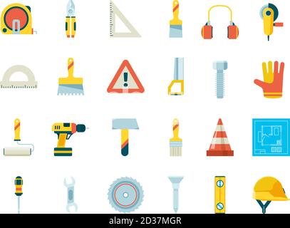 Construction equipment. Industrial tools for builders crane saw wheelbarrow paint hammer vector flat collection Stock Vector
