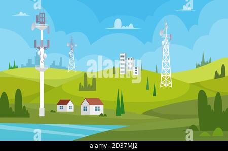 Communication towers. Wireless antennas cellular wifi radio station broadcasting internet channel receiver vector cartoon background Stock Vector