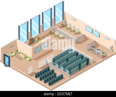 Data center. Computers server rooms interior cooling generators battery containers industrial data center building vector isometric Stock Vector