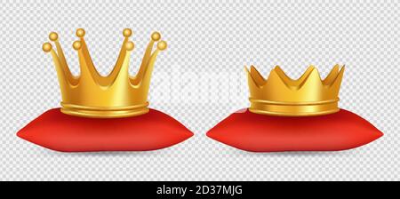 Realistic gold crowns. Vector king and queen crowns on red pillow isolated on transparent background Stock Vector