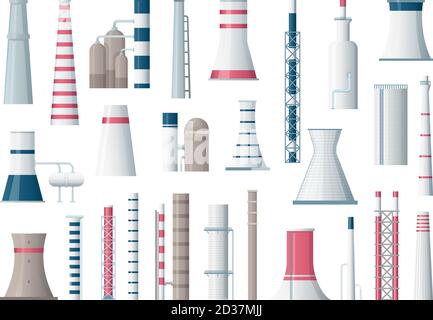 Factory building. Manufacturing pipe pollution industrial factory large construction vector cartoon illustrations Stock Vector