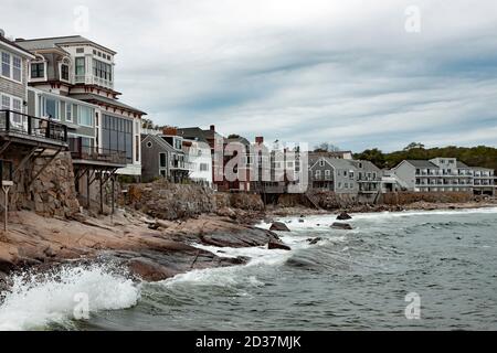 Front Beach shoreline in Rockport, Massachusetts is located on Cape Ann (Essex County) peninsula.  Sandy Bay opens to the Atlantic Ocean.