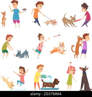 Pets and kids. Happy little puppy dogs and their owners hugging playing smiling feeding vector animals Stock Vector