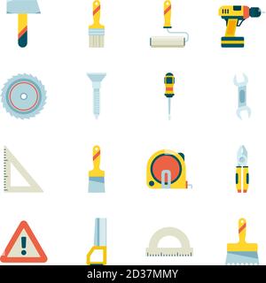 Construction icon. Building industry equipment crane roulette paint saw hammer vector flat pictures collection Stock Vector