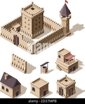 Castles isometric. Medieval historical cartoon architecture buildings ancient farm houses vector castles Stock Vector