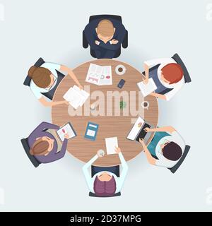 Round table top view. Business people sitting meeting corporate workspace brainstorming working team vector illustration Stock Vector