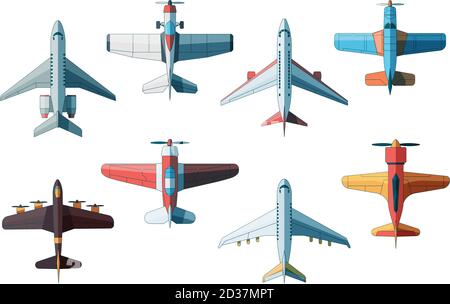 Aircraft top view. Civil and military airplanes collection in flat style vector pictures Stock Vector