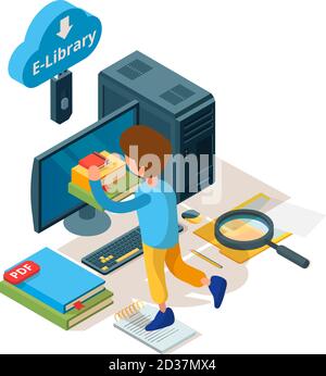 Library isometric. Online education book and readers digital archiving university college students learning vector school library Stock Vector