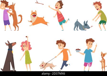 Kids with dogs. Happy children playing hugging their funny pets vector cartoon puppy dog domestic animals Stock Vector