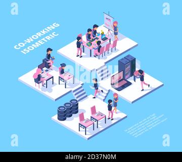 Coworking isometric. Business team freelancer professionals group meeting people working talking together vector coworking concept Stock Vector