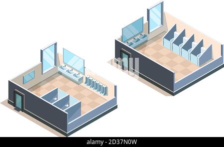Public toilet. Isometric washroom for male and female people modern sink vector illustrations Stock Vector