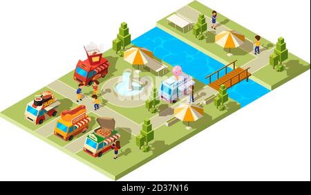 Street food park. Public place with wagons cars selling different food ice cream burgers sushi cold drinks vector isometric composition Stock Vector