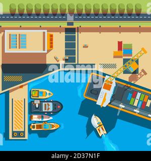 Ship top view. Seaside cargo boats dockyard terminal vector map above ship illustrations Stock Vector