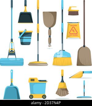 Broom and mops. Hygiene room housework supply household equipment for cleaning handle brooms vector cartoon pictures Stock Vector