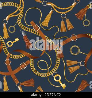 Leather chains seamless. Belt accessories braided luxury fashion textile designs fabric elements to clothes vector pattern Stock Vector
