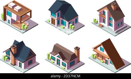 Private house. Residential modern buildings 3d low poly constructions isometric vector collection Stock Vector