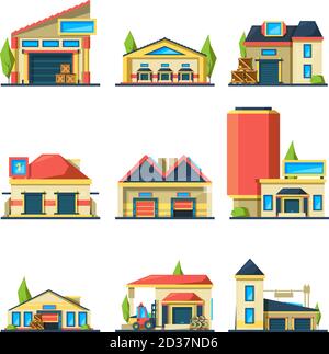 Warehouse flat. Industrial buildings empty construction factory vector houses for packages and different items Stock Vector