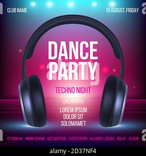 Dance party poster. Placard invitation music club headset realistic illustration with place for text Stock Vector