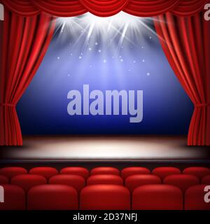 Theater stage. Festive background audience movie opera light with red silk curtains and auditorium seats vector realistic Stock Vector