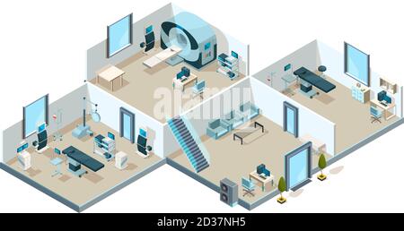 Clinic interior. Hospital patients medical rooms with equipment creative laboratory vector low poly isometric picture Stock Vector