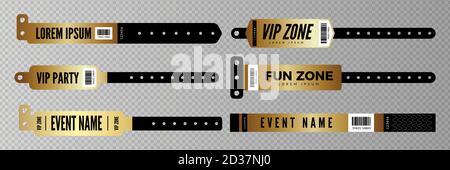 Events bracelets. Vector golden entrance key for party, concert, disco bar. Entry bracelets isolated on transparent background Stock Vector