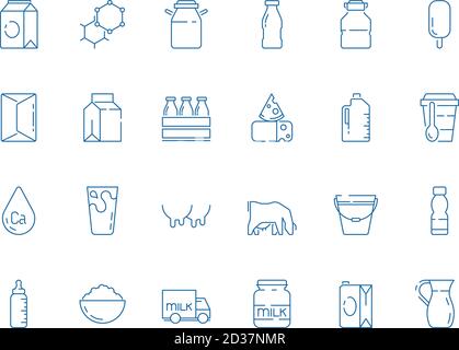 Milk icons. Bottle jars plastic containers with farm products cheeses yoghurt ice cream dairy vector milk symbols Stock Vector