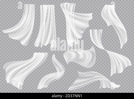 Window curtains. Flowing blank fabric with folds interior clothing soft silk fluttering decoration material vector realistic template Stock Vector