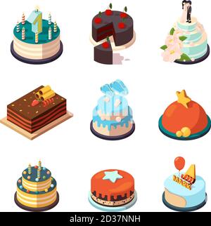 Party cakes. Sweet tasty food with strawberry and chocolate cream birthday cakes vector isometric Stock Vector