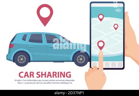 Car sharing. Rent car online mobile app web page concept. Vector find vehicle on map illustration. Blue automobile, smartphone, hands Stock Vector