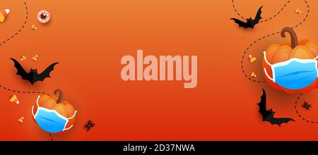 Happy Halloween trend horizontal background. trick or treat pumpkin with protective medical mask, bats, eye, colored candy on orange gradient background. Halloween scary concept. Stock Vector
