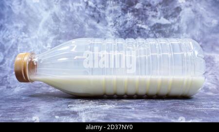 A semi-empty plastic bottle of fresh regular milk lies on a dark gray marble or concrete backdrop. Close-up front view. World milk day concept. Nutrie Stock Photo