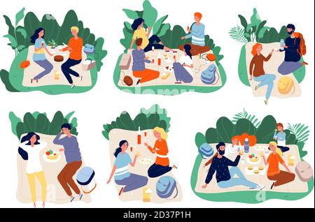 Picnic people. Outdoor family happy group together eating dinner in green summer park vector picnic characters Stock Vector