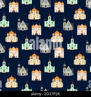 Christian churches seamless pattern. Church buildings background. Building chapel and church, catholic architecture pattern illustration Stock Vector