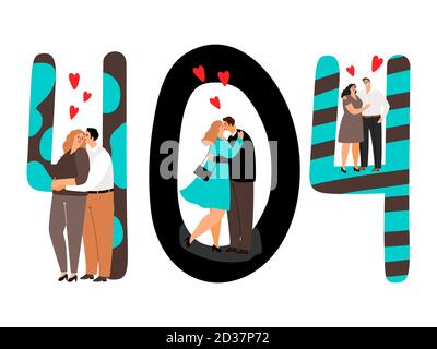 Page 404 with people. Web oops error or not found page, maintenance carefree maintenance with in love people with hearts, vector illustration Stock Vector