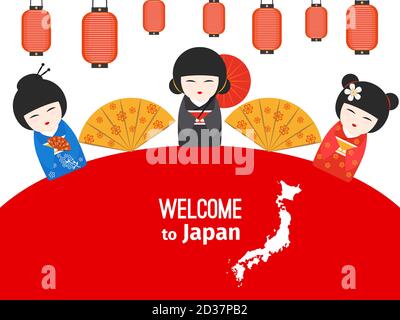 Welcome to Japan vector poster design with japanese symbols. Illustration of japanese welcome to culture and tradition Stock Vector
