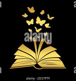 Open textbook with gold butterfly silhouettes above pages vector isolated on black background Stock Vector
