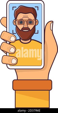 Facial recognition.Face ID.Human hand holding smartphone.Man young with a beard. Stock Vector