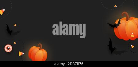 Trend minimal horizontal poster with glowing pumpkins, colored triangle candies, bats and eyes on gradient dark background with copy space Stock Vector