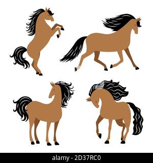 Cartoon horse in different poses vector isolated on white background. Illustration of animal horse with black mane Stock Vector
