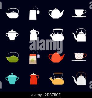 Tea time vector icons collection with cups, teapots, teabag Stock Vector