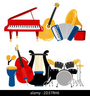 Cartoon character music instruments isolated on white background, vector illustration Stock Vector