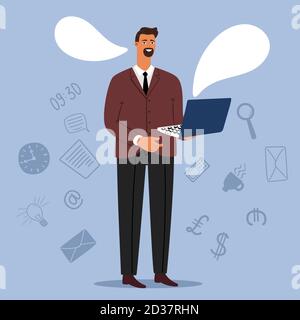 Businessman online chat vector illustration with speech bubble. Businessman online communication speech Stock Vector