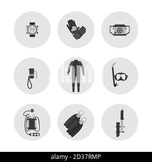 Monochrome diving icons - scuba diving flat vector elements. Underwater equipment for swimming illustration Stock Vector