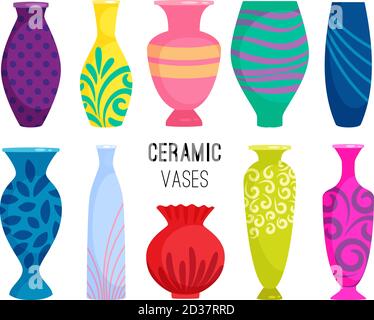 Ceramic vases collection. Colored ceramics vase objects, antique pottery cups with flowers, floral and abstract patterns isolated on white vector illustration Stock Vector